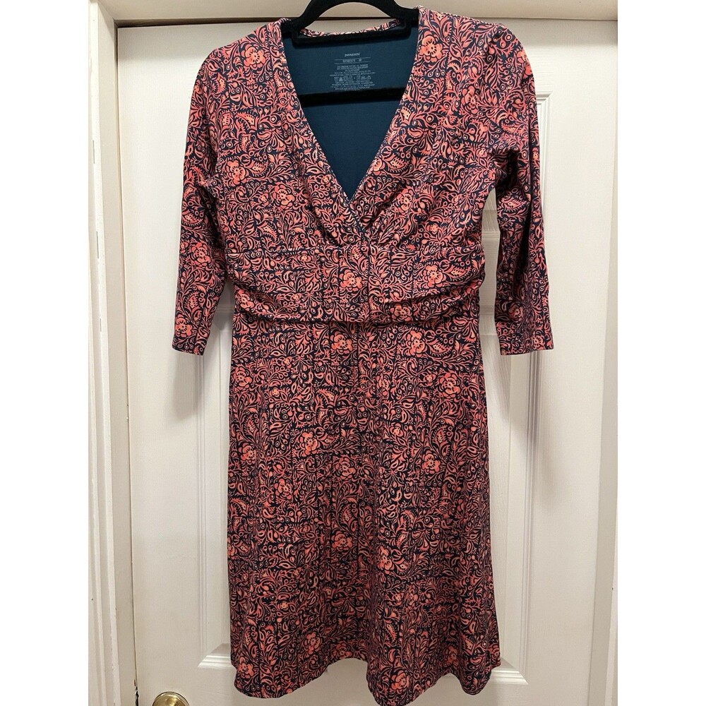 Patagonia Margot Blue Orange Floral Fit Flare 3/4 Sleeve Stretch Dress M